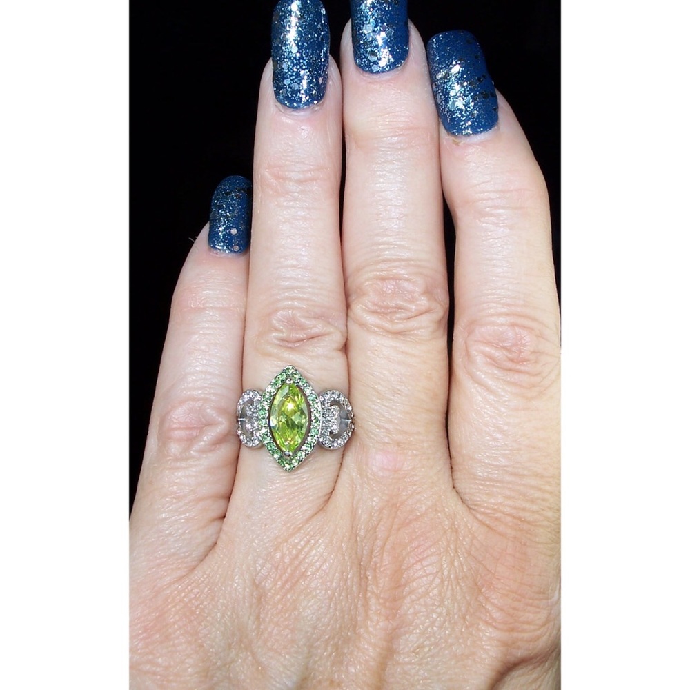 Marquise Simulated Peridot & Cubic Zirconia Ring Stainless Steel Women's - Picture 2 of 16